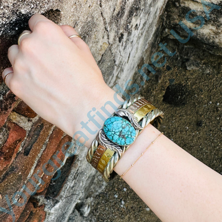 Vintage Sterling Silver Brass Copper Spiderweb Turquoise Cuff Bracelet Bracelet