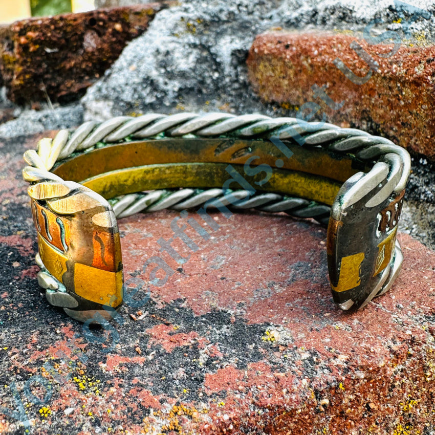 Vintage Sterling Silver Brass Copper Spiderweb Turquoise Cuff Bracelet Bracelet