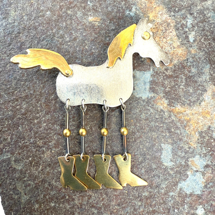 Vintage Sterling Silver & Brass Horse In Cowboy Boots Pin Pin Brooch