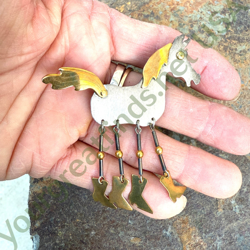 Vintage Sterling Silver & Brass Horse In Cowboy Boots Pin Pin Brooch