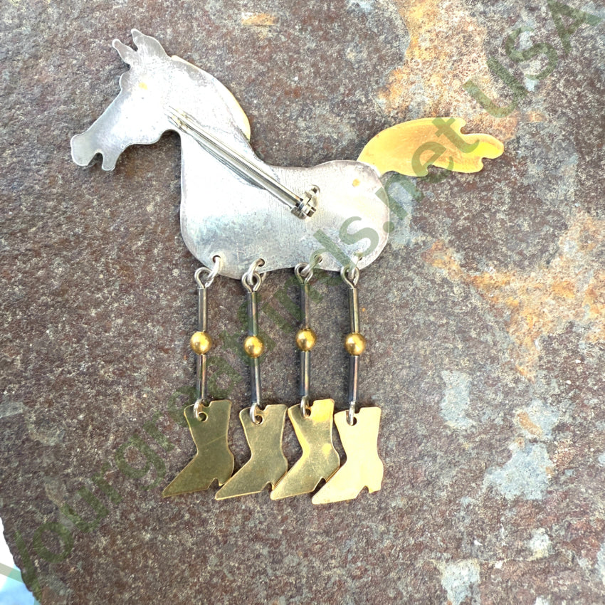 Vintage Sterling Silver & Brass Horse In Cowboy Boots Pin Pin Brooch