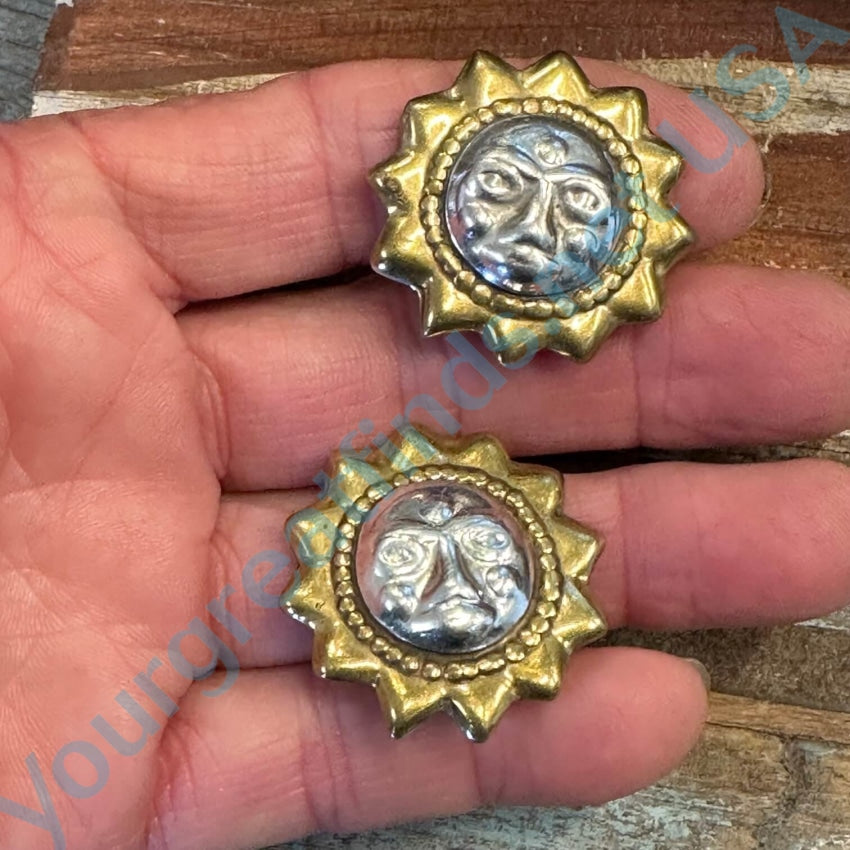 Vintage Sterling Silver Brass Sun Earrings Mexico Clip