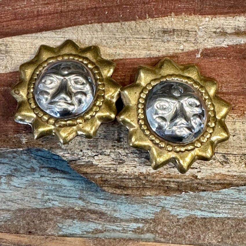 Vintage Sterling Silver Brass Sun Earrings Mexico Clip