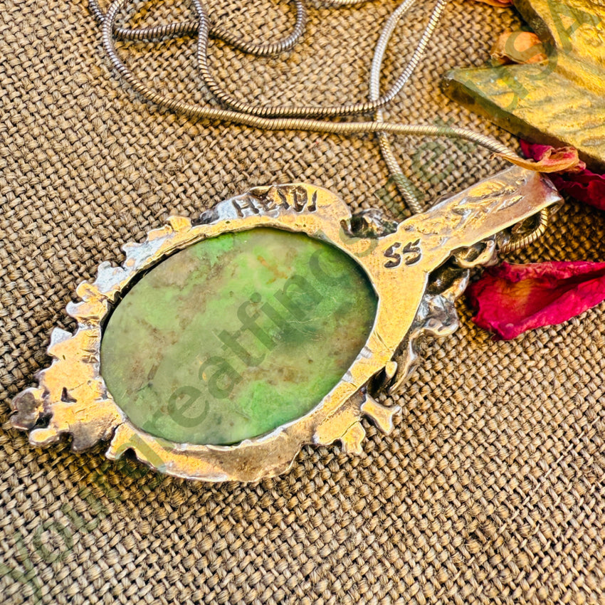 Vintage Sterling Silver & Bright Green Moss Agate Necklace necklace