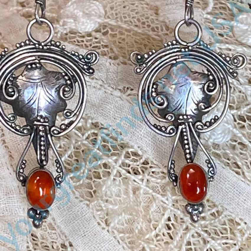 Vintage Sterling Silver Carnelian Baroque Style Pierced Earrings