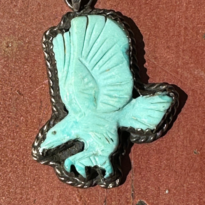 Vintage Sterling Silver & Carved Turquoise Eagle - In - Flight Pendant