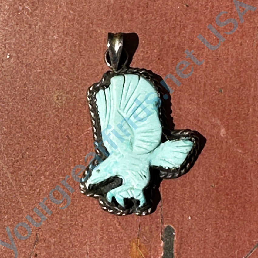 Vintage Sterling Silver & Carved Turquoise Eagle - In - Flight Pendant