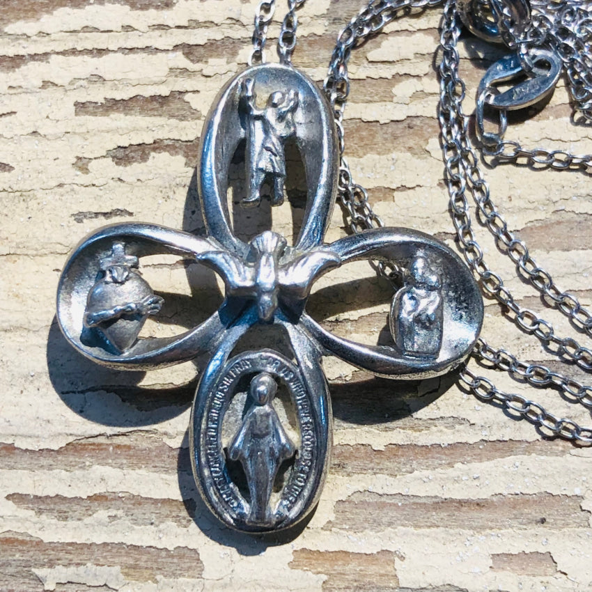 Vintage Sterling Silver Catholic 4 Way Cross Necklace