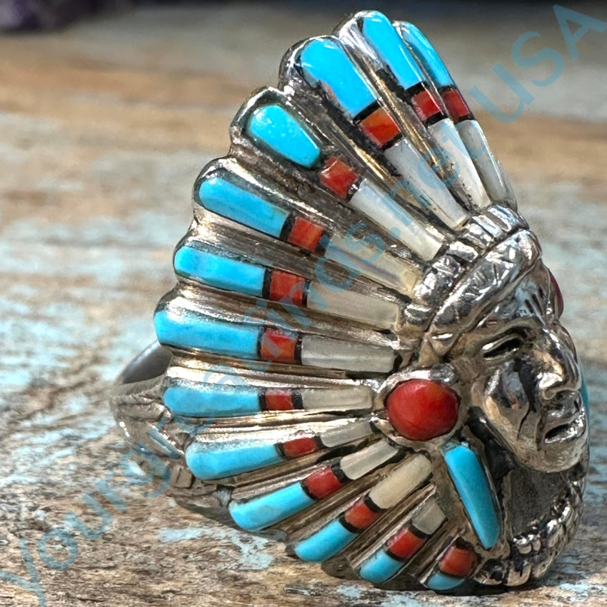 Vintage Sterling Silver Channel Indian Chief Ring Size 10