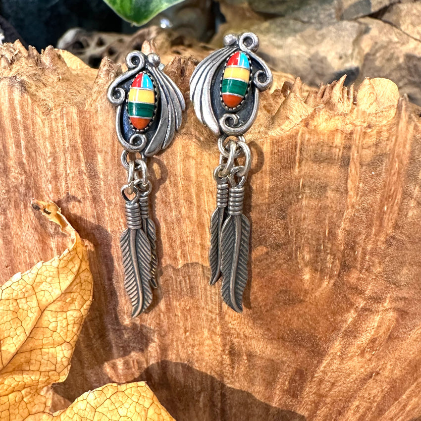 Vintage Sterling Silver Channel Inlay 2 Feather Earrings Fall Colors