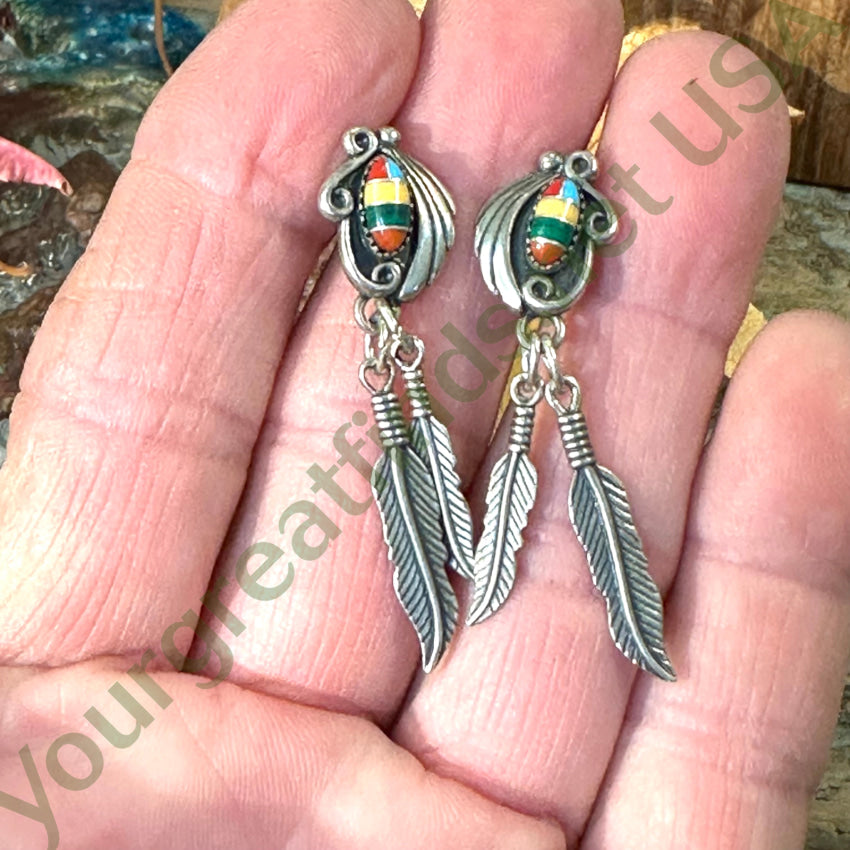Vintage Sterling Silver Channel Inlay 2 Feather Earrings Fall Colors