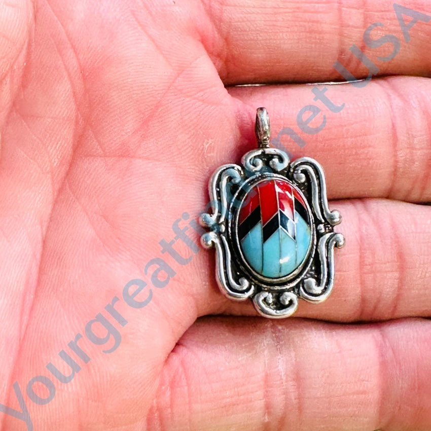 Vintage Sterling Silver Channel Inlay Turquoise Pendant