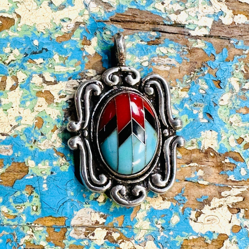 Vintage Sterling Silver Channel Inlay Turquoise Pendant