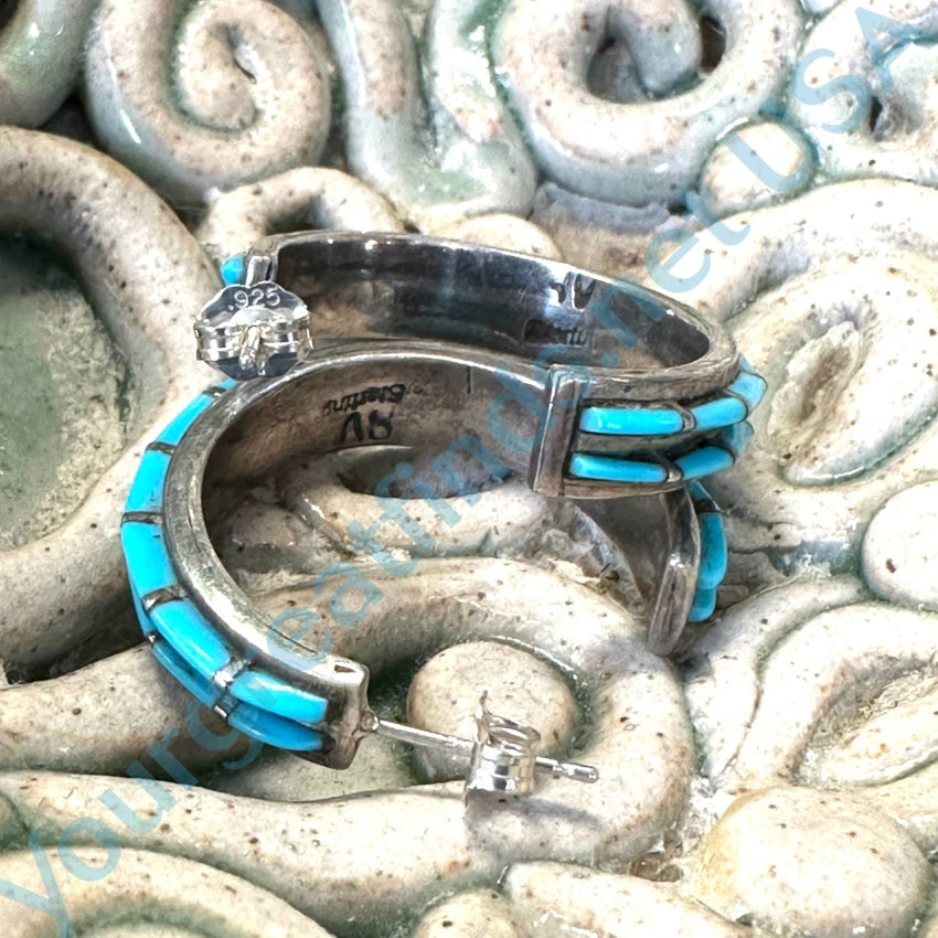 Vintage Sterling Silver Channel Turquoise Hoop Pierced Earrings