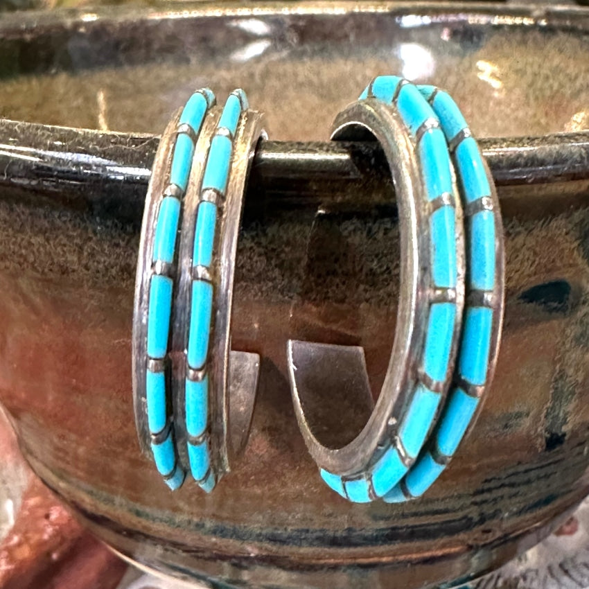 Vintage Sterling Silver Channel Turquoise Hoop Pierced Earrings
