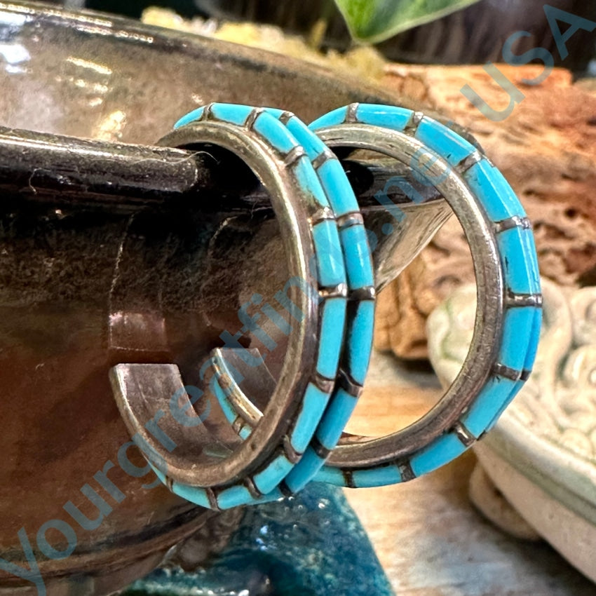 Vintage Sterling Silver Channel Turquoise Hoop Pierced Earrings