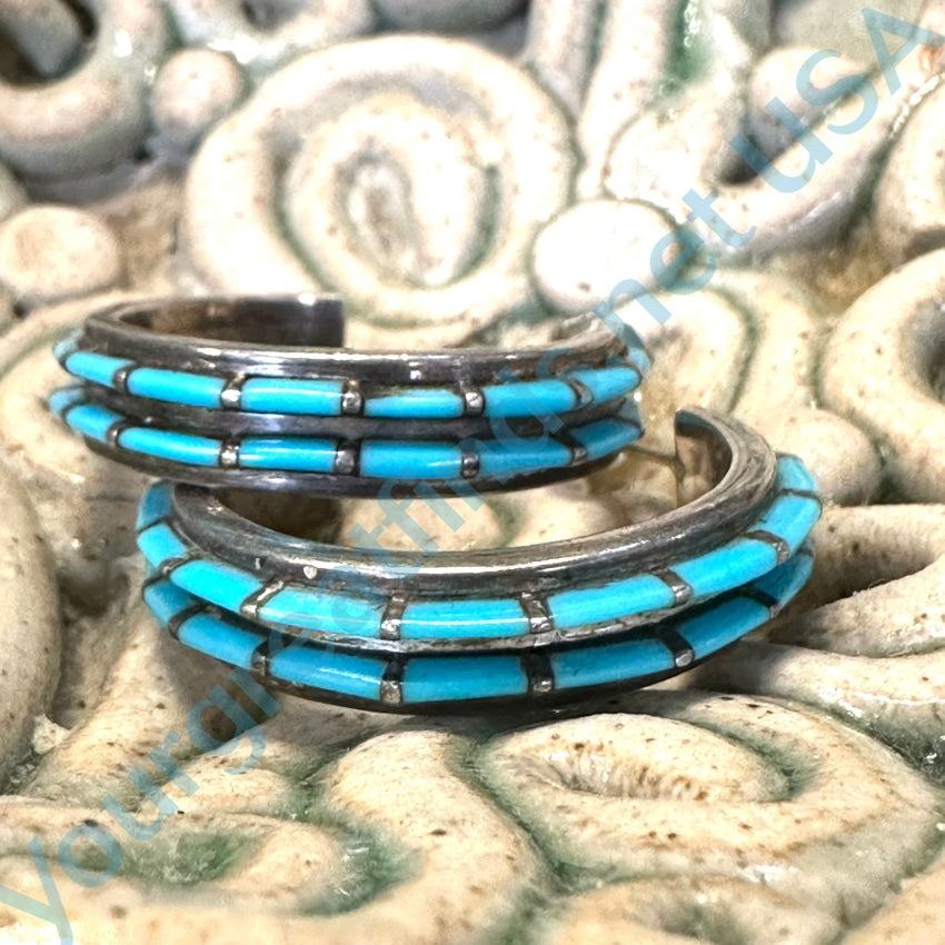 Vintage Sterling Silver Channel Turquoise Hoop Pierced Earrings