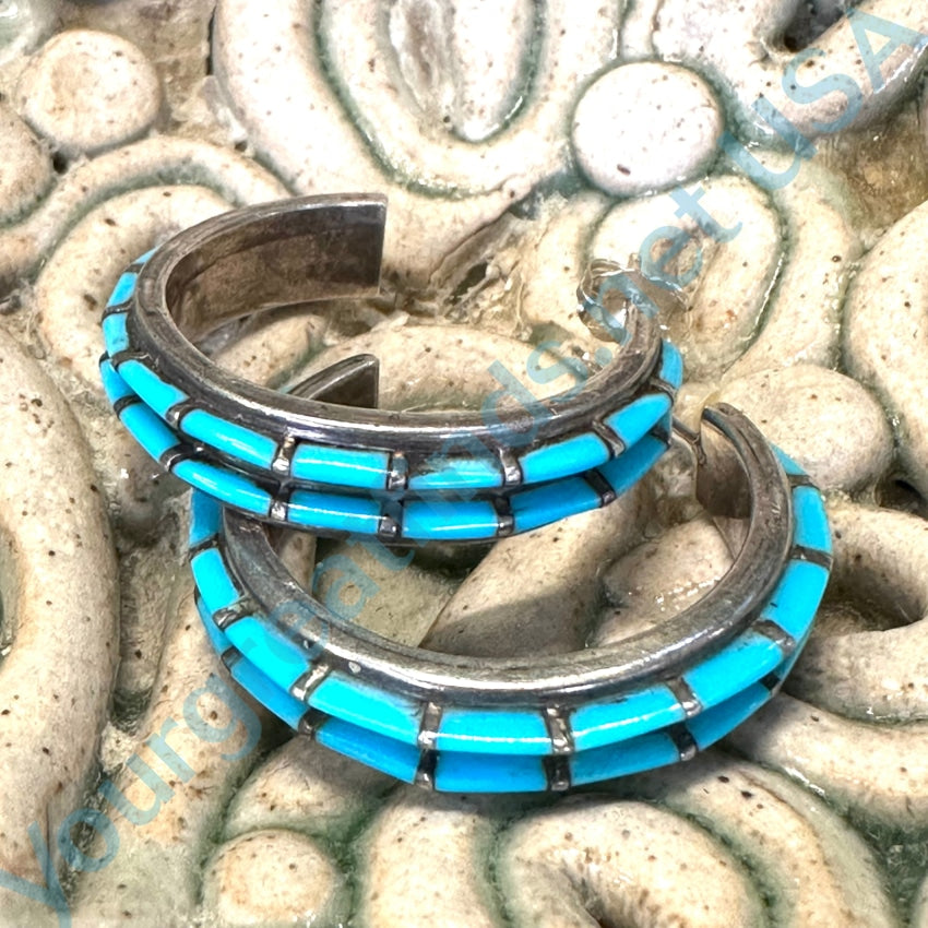 Vintage Sterling Silver Channel Turquoise Hoop Pierced Earrings