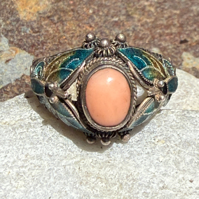 Vintage Sterling Silver Chinese Export Coral Cloisonné Ring