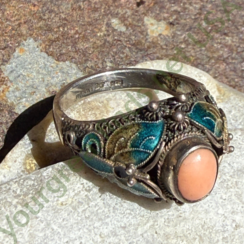 Vintage Sterling Silver Chinese Export Coral Cloisonné Ring
