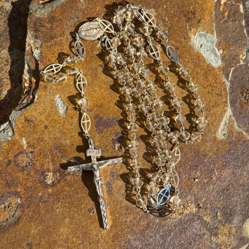 Vintage Sterling Silver Clear Glass Bead Catholic Rosary rosary necklace