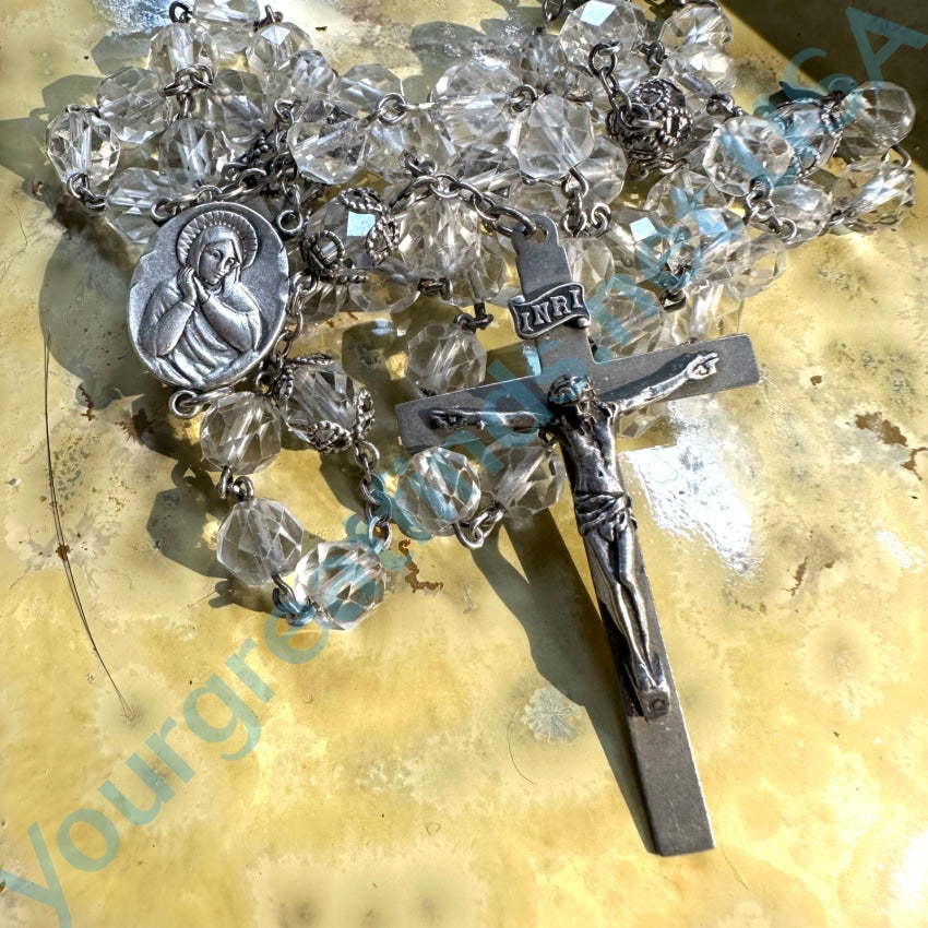 Vintage Sterling Silver Clear Glass Crystal Bead Rosary