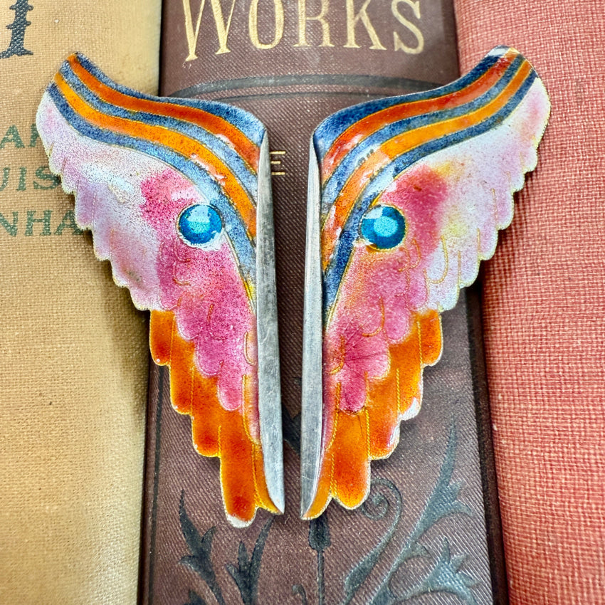 Vintage Sterling Silver Cloisonné Butterfly Wings Pins Brooch Set pin / brooch