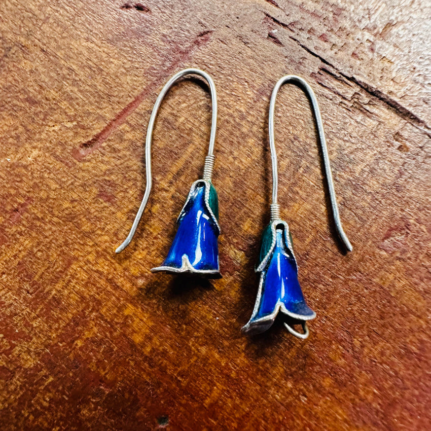 Vintage Sterling Silver & Cobalt Blue Enamel Flower Earrings Earrings