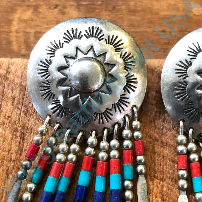 Vintage Sterling Silver Concho Heishi Fringe Earrings