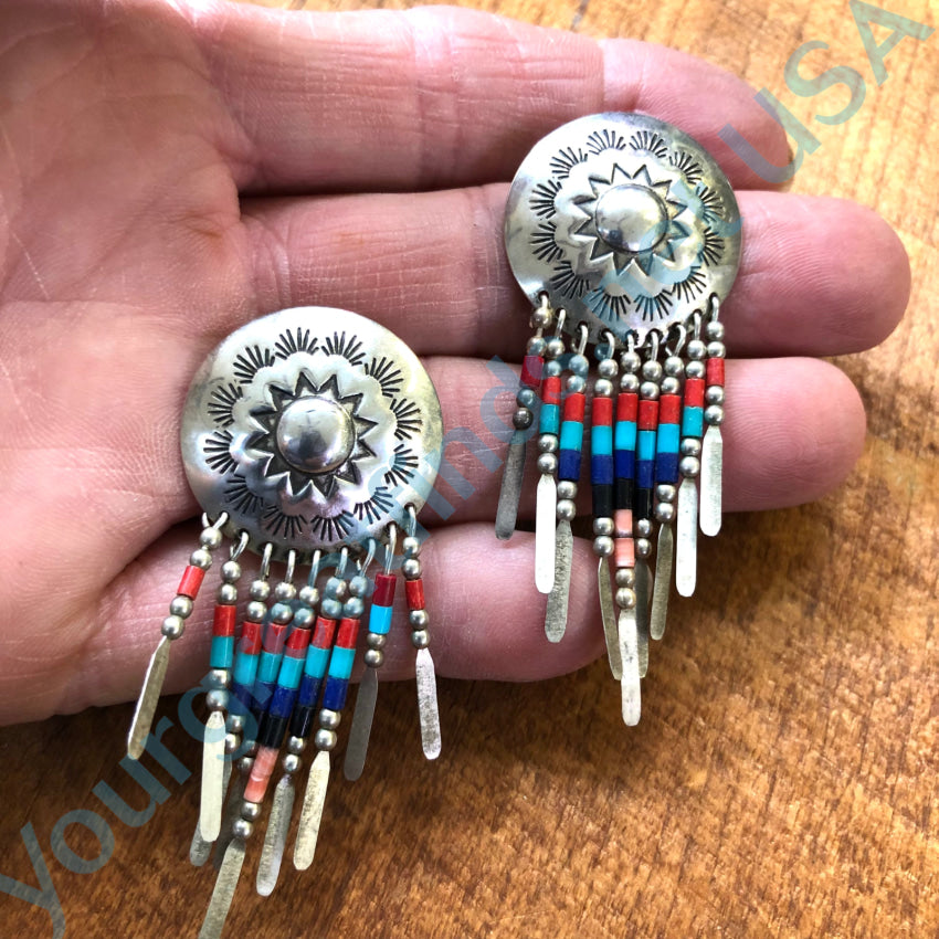Vintage Sterling Silver Concho Heishi Fringe Earrings