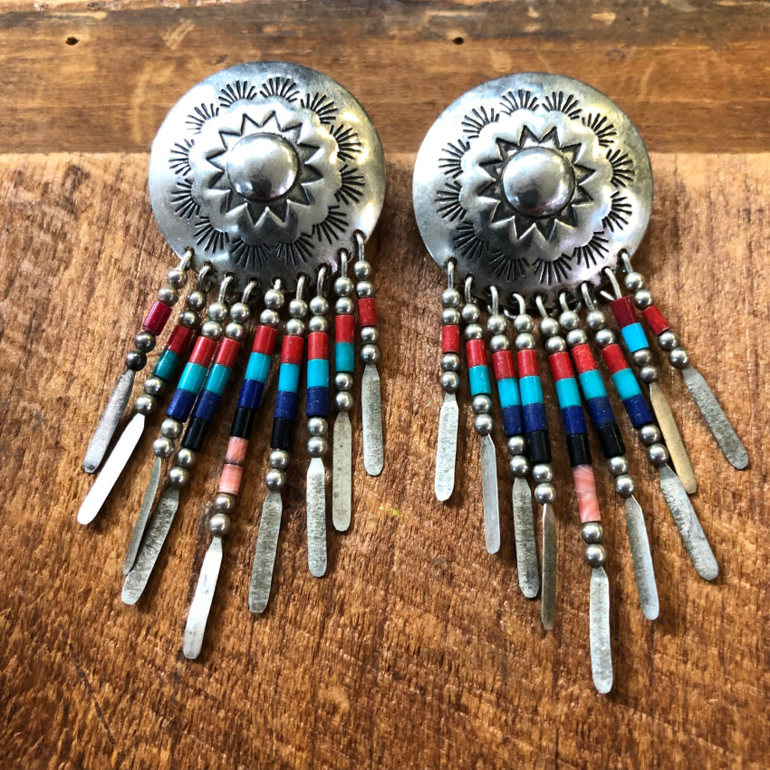 Vintage Sterling Silver Concho Heishi Fringe Earrings