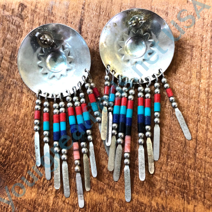 Vintage Sterling Silver Concho Heishi Fringe Earrings