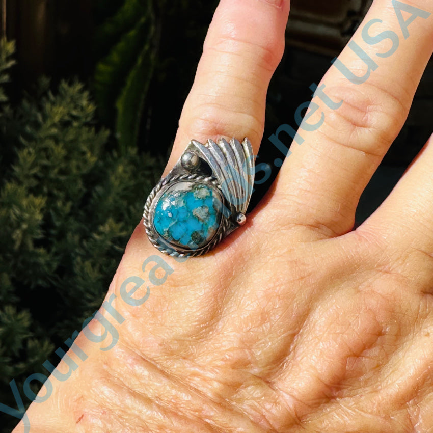 Vintage Sterling Silver & Deep Blue Spider Web Turquoise Ring 6 3/4 Ring