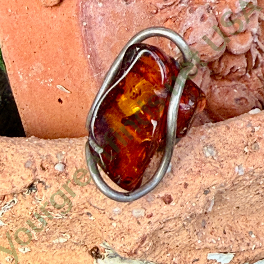 Vintage Sterling Silver & Deep Red Amber Ring Size 5 3/4 ring