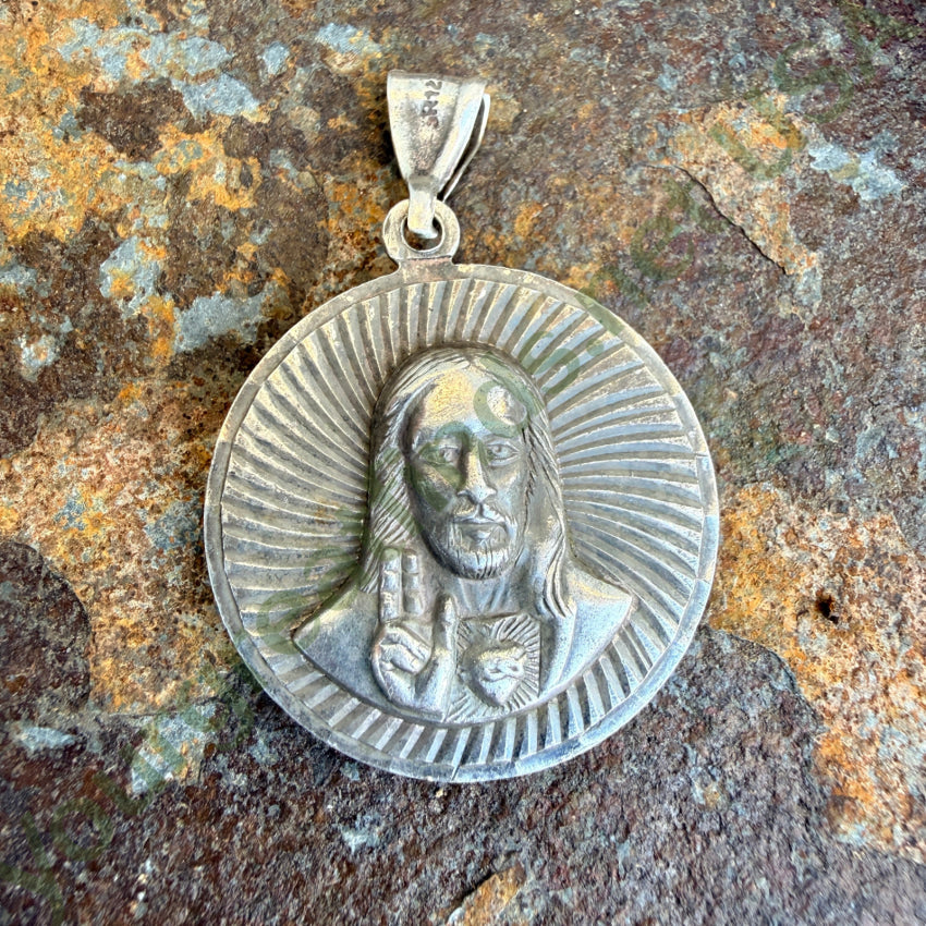 Vintage Sterling Silver Devotional Pendant Jesus Our Lady of Guadalupe pendant