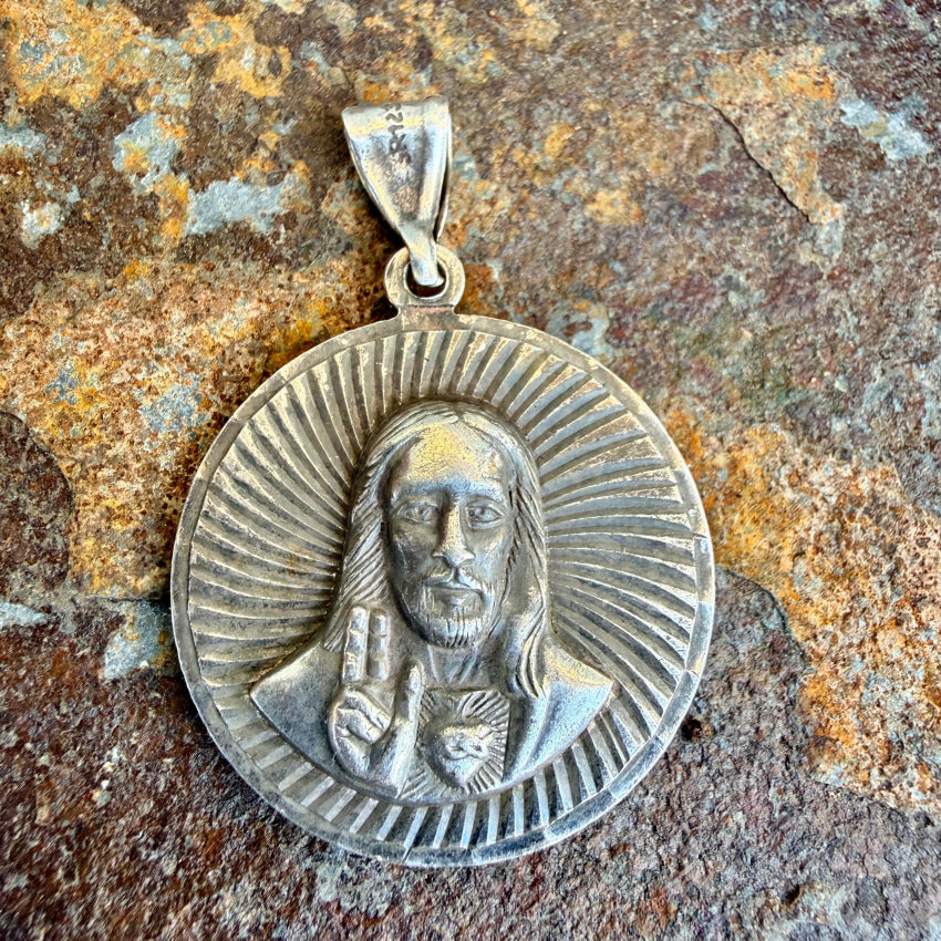 Vintage Sterling Silver Devotional Pendant Jesus Our Lady of Guadalupe pendant