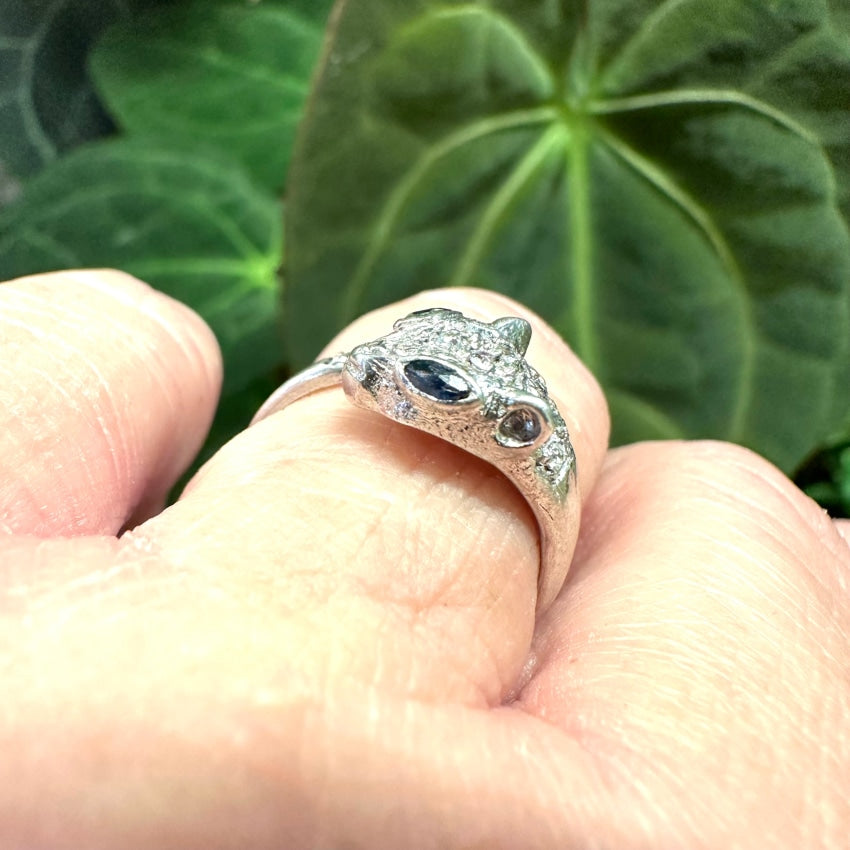 Vintage Sterling Silver Diamond Blue Sapphire Jaguar Cat Ring 7