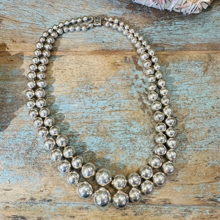 Vintage Sterling Silver Double Handmade Beaded Necklace Pearls