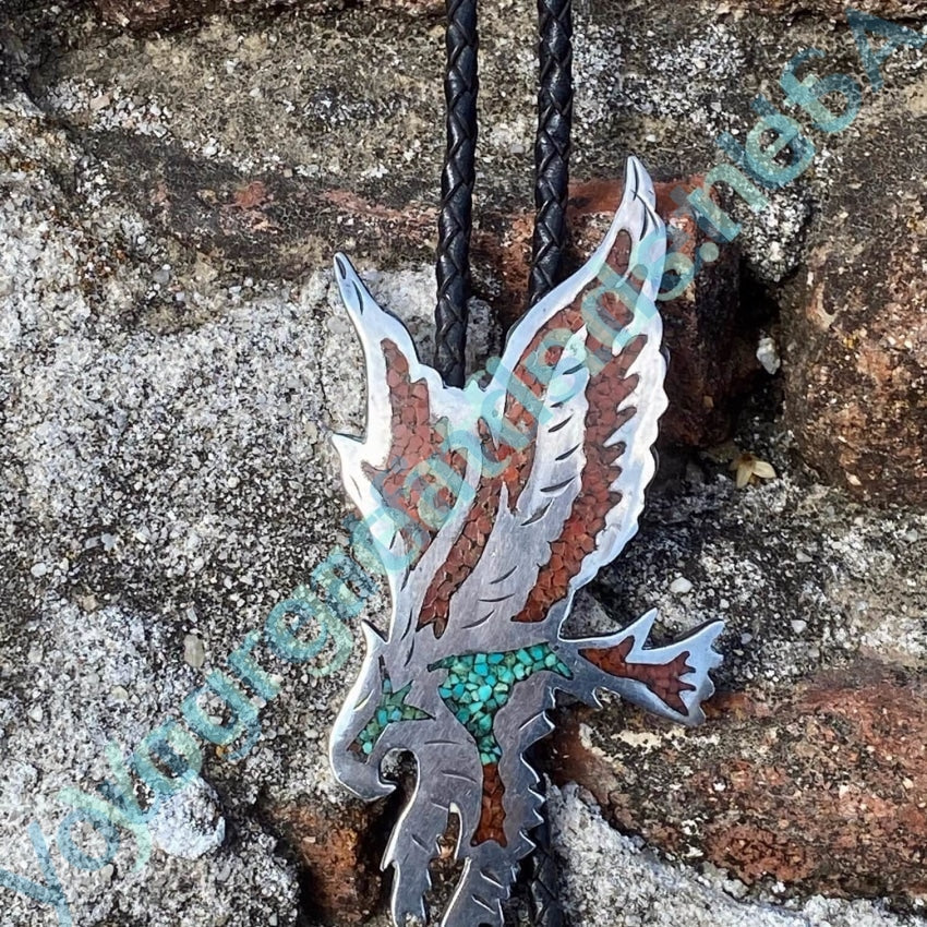 Vintage Sterling Silver Eagle in Flight Bolo TIe with Mosaic Inlay Yourgreatfinds