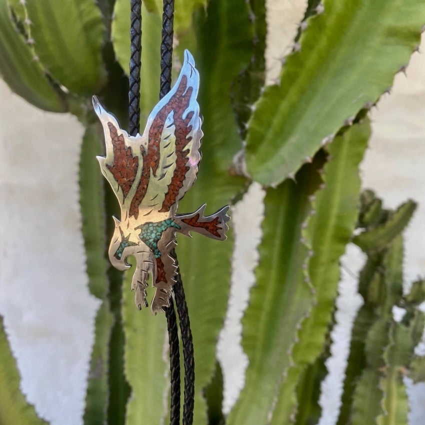 Vintage Sterling Silver Eagle in Flight Bolo TIe with Mosaic Inlay Yourgreatfinds