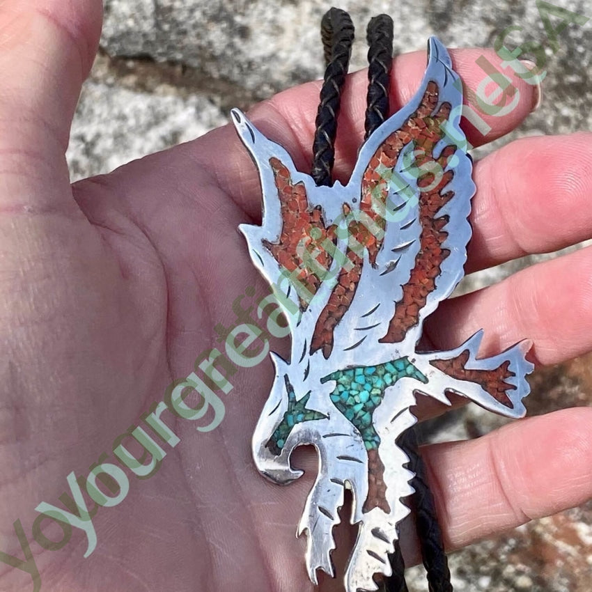 Vintage Sterling Silver Eagle in Flight Bolo TIe with Mosaic Inlay Yourgreatfinds
