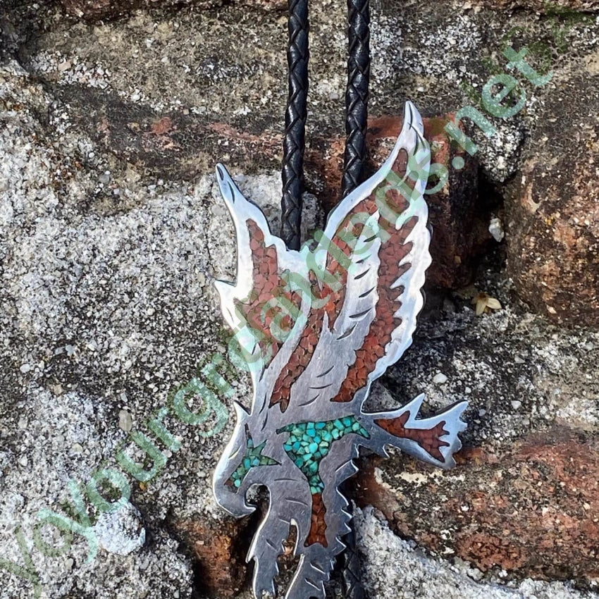 Vintage Sterling Silver Eagle in Flight Bolo TIe with Mosaic Inlay Yourgreatfinds