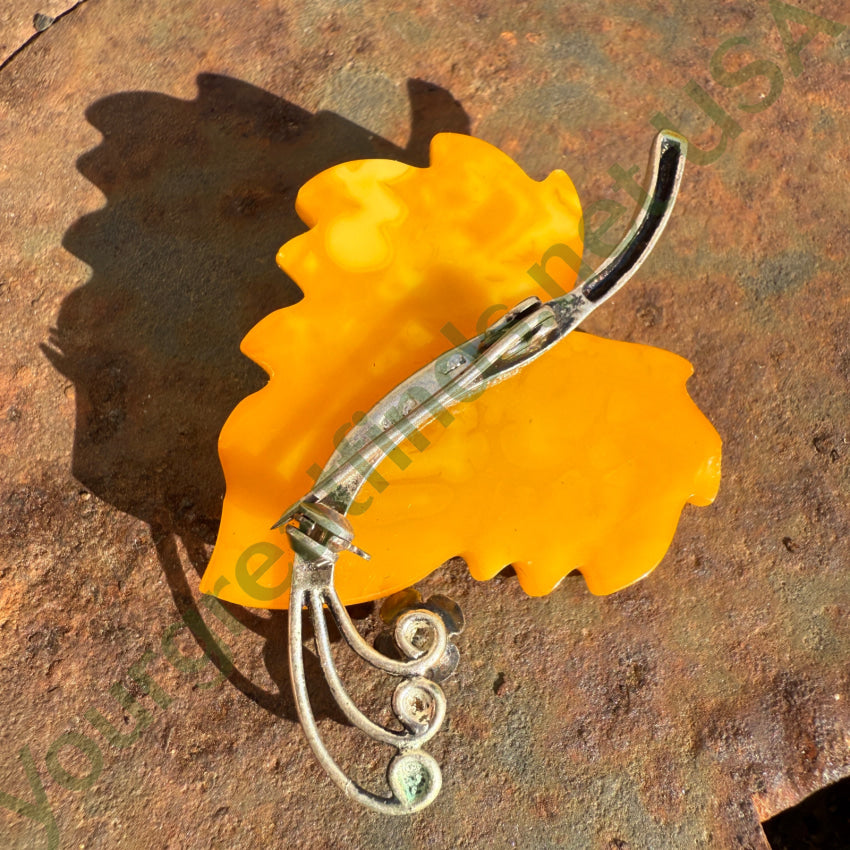 Vintage Sterling Silver & Egg Yolk Amber Grape Leaf Pin pin brooch