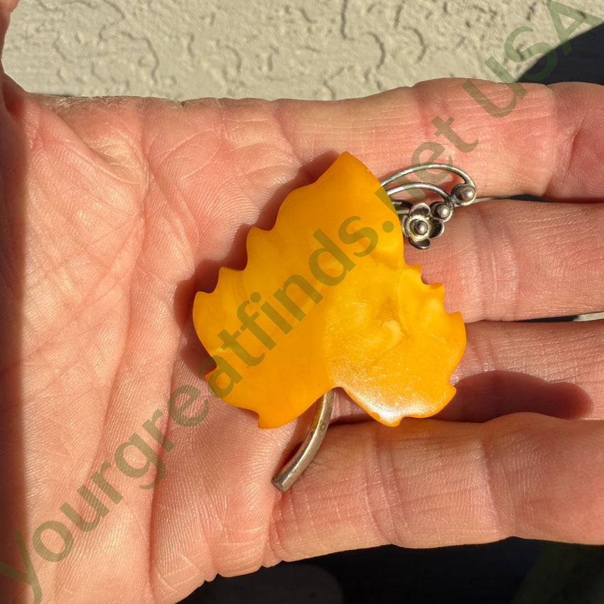 Vintage Sterling Silver & Egg Yolk Amber Grape Leaf Pin pin brooch