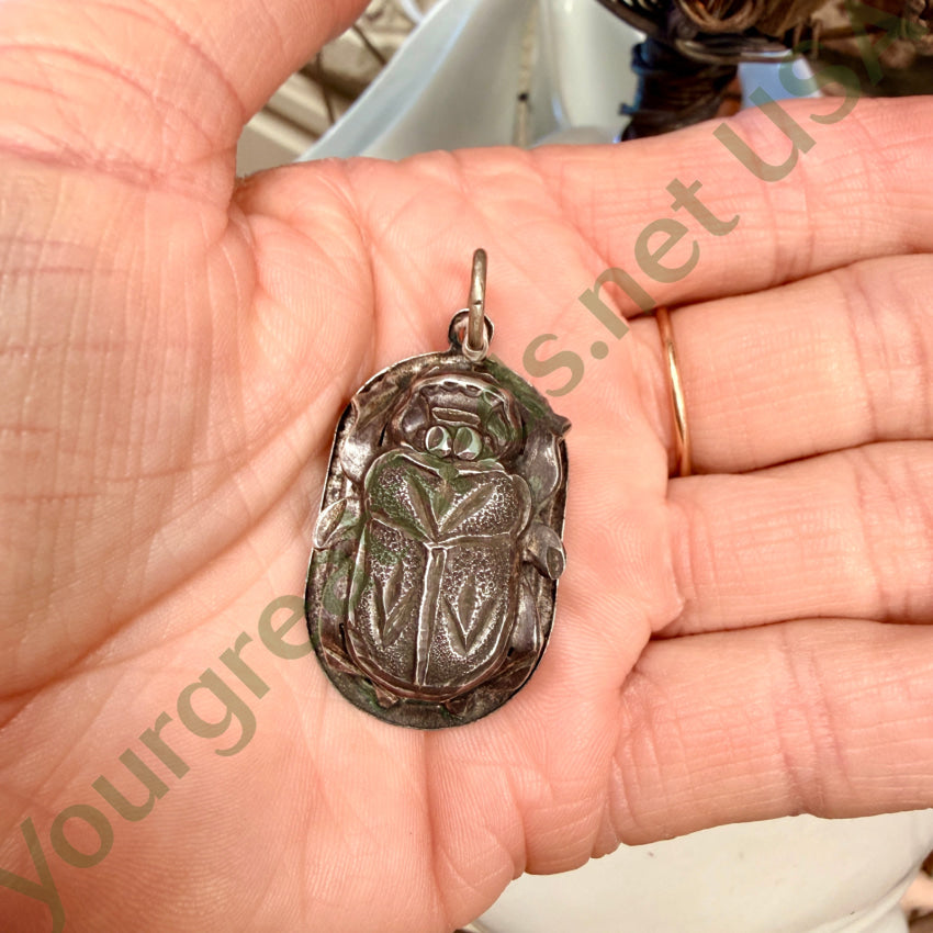 Vintage Sterling Silver Egyptian Revival Scarab Beetle Pendant pendant