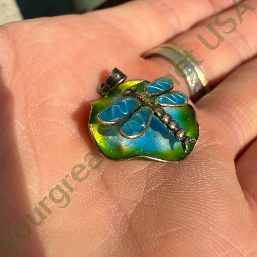 Vintage Sterling Silver & Enamel Lily Pad & Dragonfly Pendant pendant