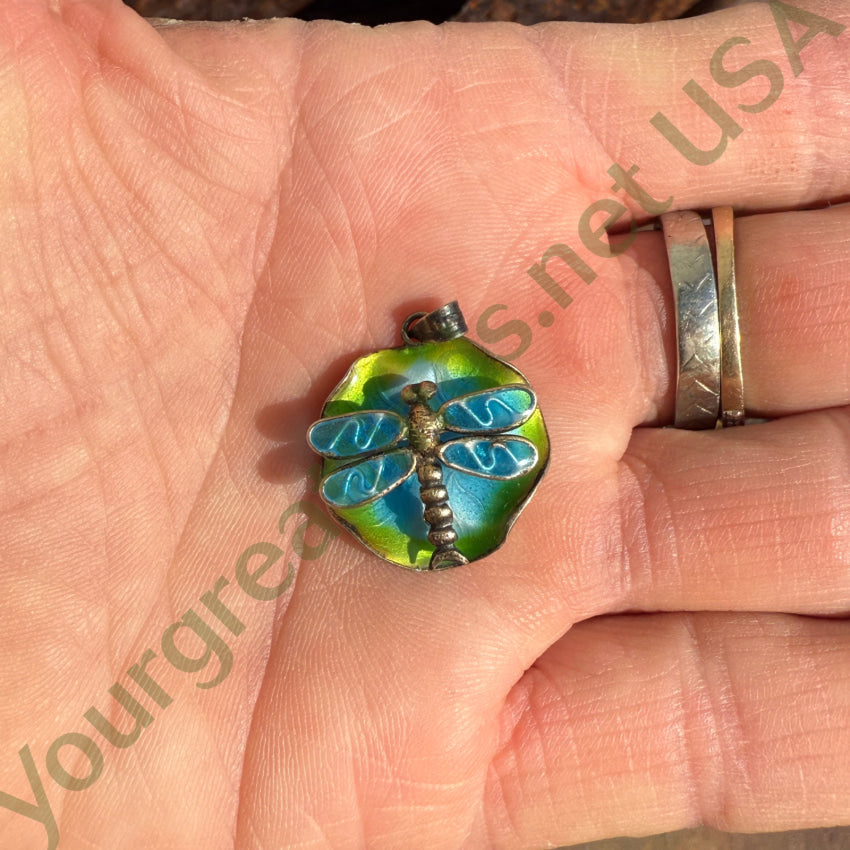 Vintage Sterling Silver & Enamel Lily Pad & Dragonfly Pendant pendant