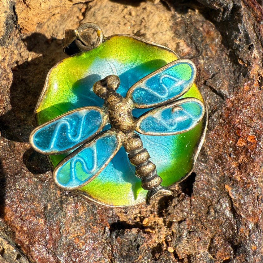 Vintage Sterling Silver & Enamel Lily Pad & Dragonfly Pendant pendant