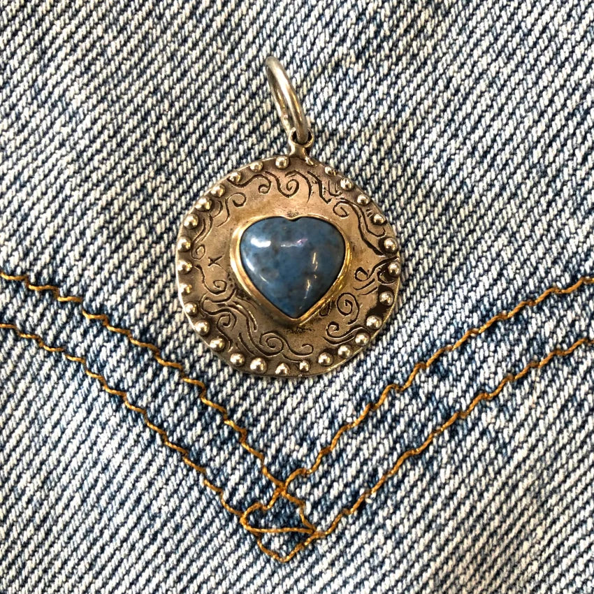 Vintage Etched Western Style Denim Blue Lapis Heart Pendant