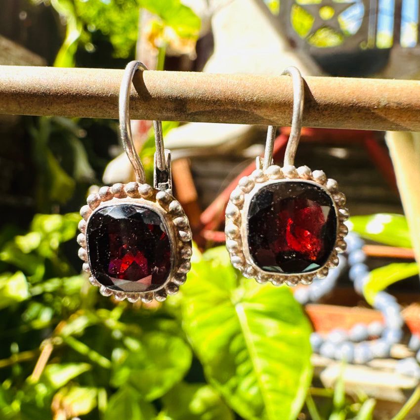 Vintage Sterling Silver Faceted Red Garnet Pierced French Wire Earrings